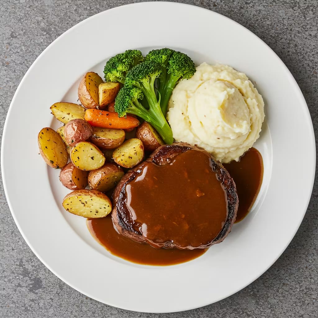 Beef with Gravy Mash and Roast Vegetables